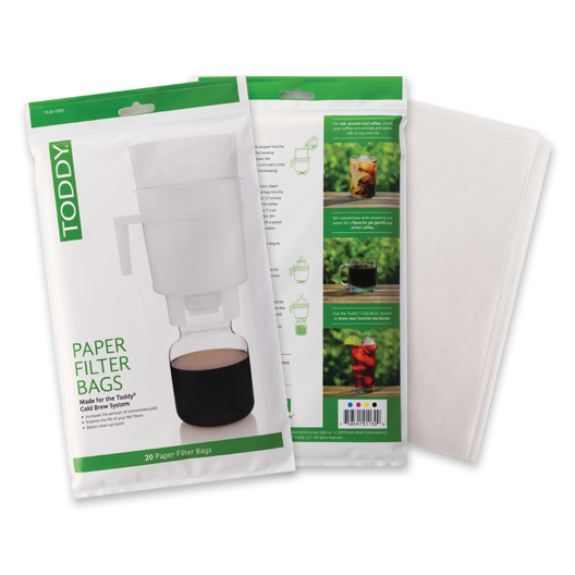 close up shots of two packages of Toddy cold brew system paper filters in sets of 20